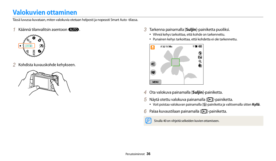 Samsung EC-WB250FBPWE2, EC-WB250FBPBE2, EC-WB252FFDWE2 Valokuvien ottaminen, Palaa kuvaustilaan painamalla P-painiketta 