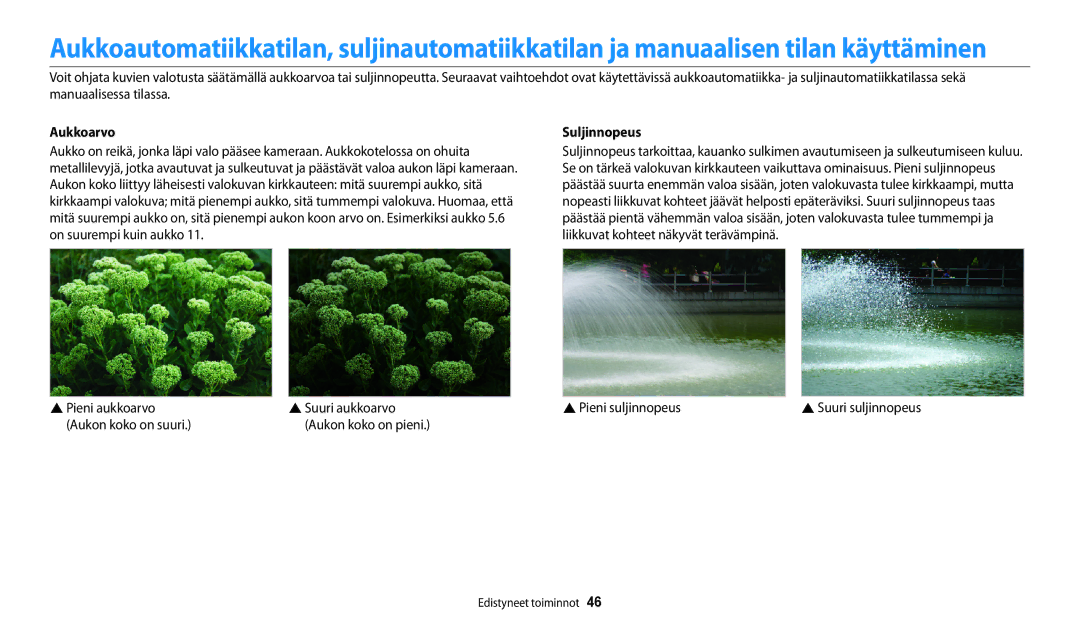 Samsung EC-WB252FFDWE2, EC-WB250FBPBE2 manual Aukkoarvo, Suljinnopeus, Pieni aukkoarvo Suuri aukkoarvo Pieni suljinnopeus 