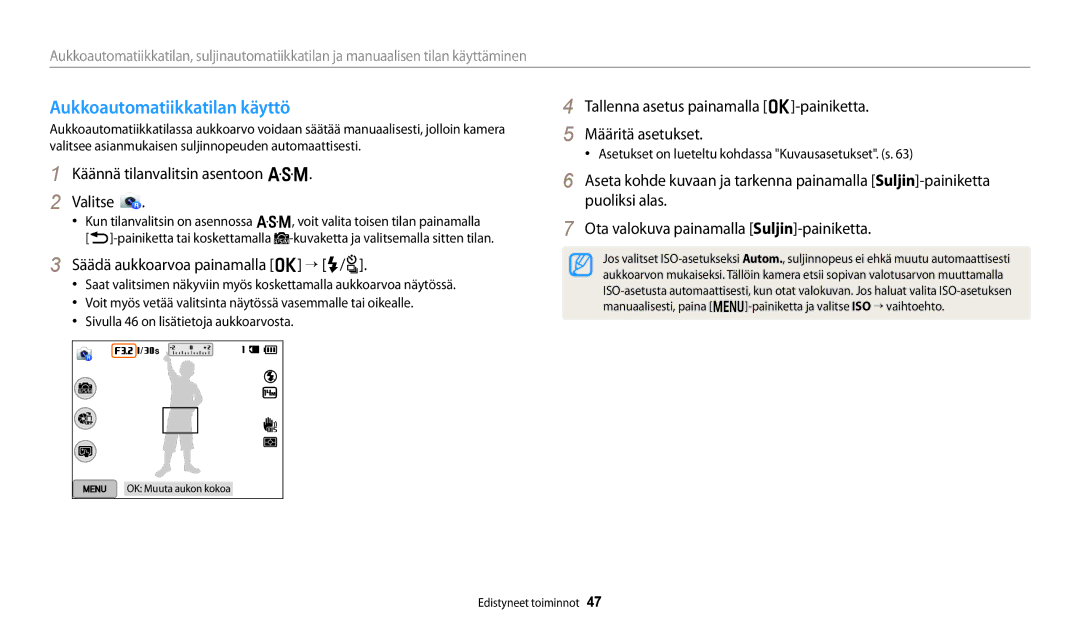 Samsung EC-WB250FFPWE2, EC-WB250FBPBE2 manual Aukkoautomatiikkatilan käyttö, Käännä tilanvalitsin asentoon G Valitse 