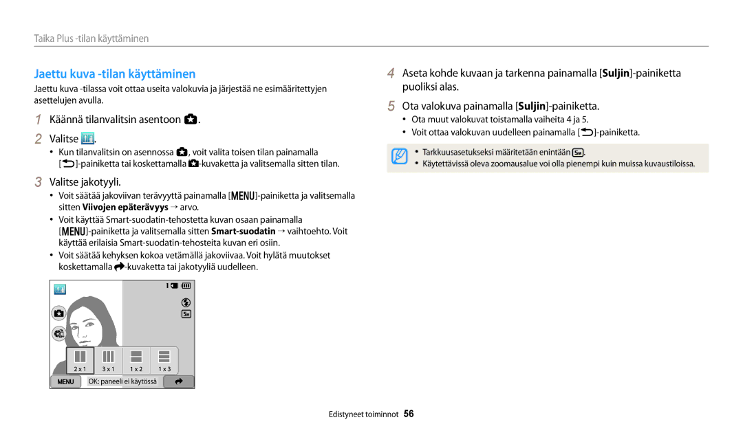 Samsung EC-WB250FFPWE2, EC-WB250FBPBE2, EC-WB250FBPWE2, EC-WB252FFDWE2 Jaettu kuva -tilan käyttäminen, Valitse jakotyyli 