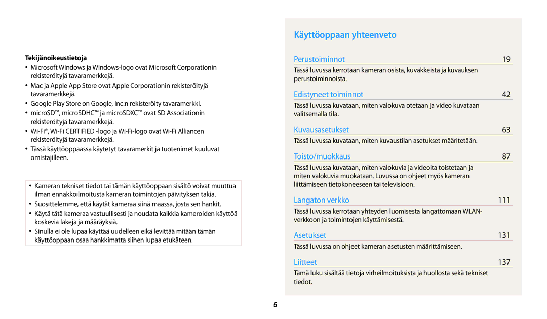 Samsung EC-WB252FBDBE2, EC-WB250FBPBE2, EC-WB250FBPWE2 manual Käyttöoppaan yhteenveto, 111, 131, 137, Tekijänoikeustietoja 