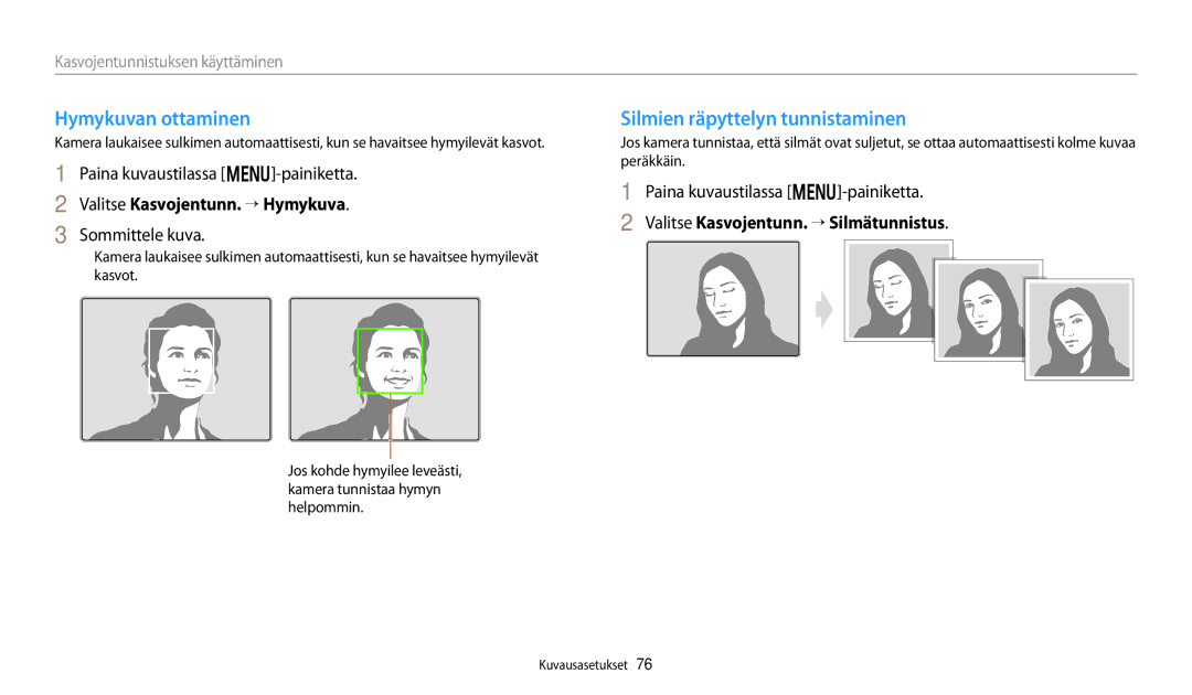 Samsung EC-WB250FFPBE2 manual Hymykuvan ottaminen, Silmien räpyttelyn tunnistaminen, Valitse Kasvojentunn. “ Hymykuva 