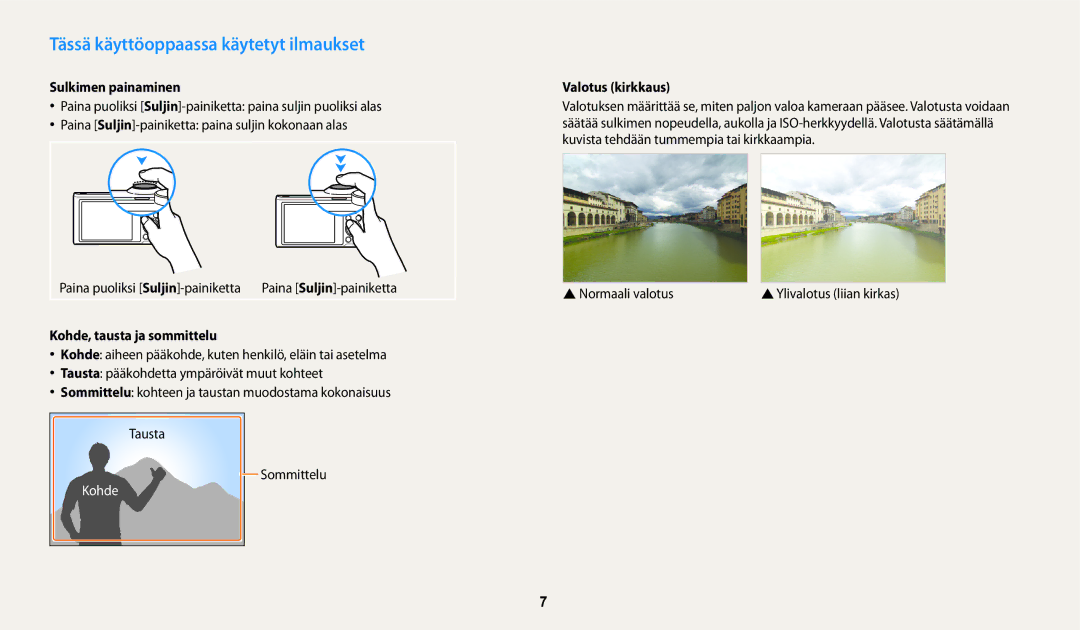 Samsung EC-WB250FBPAE2 manual Tässä käyttöoppaassa käytetyt ilmaukset, Sulkimen painaminen, Kohde, tausta ja sommittelu 