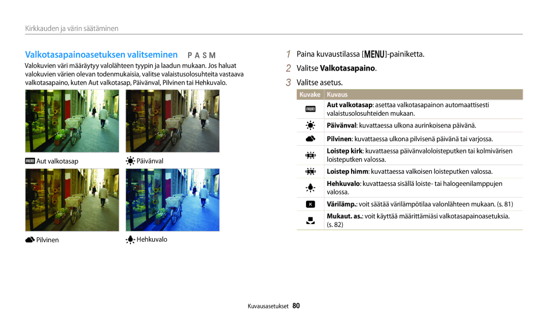 Samsung EC-WB250FBPBE2, EC-WB250FBPWE2, EC-WB252FFDWE2 Valkotasapainoasetuksen valitseminen p a h M, Valitse Valkotasapaino 