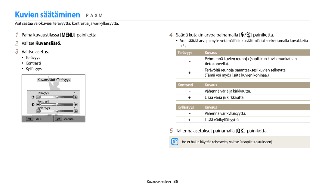 Samsung EC-WB250FFPBE2 manual Kuvien säätäminen p a h M, Valitse Kuvansäätö, Säädä kutakin arvoa painamalla F/t-painiketta 