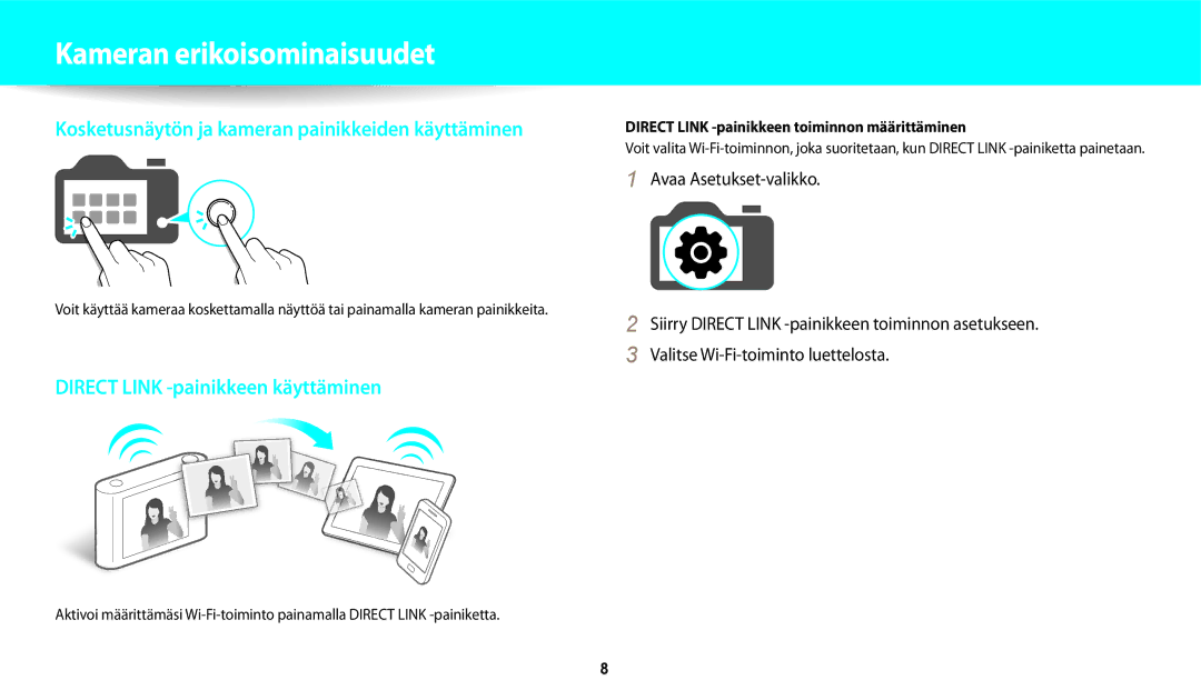 Samsung EC-WB250FBPBE2, EC-WB250FBPWE2 manual Kameran erikoisominaisuudet, Direct Link -painikkeen toiminnon määrittäminen 