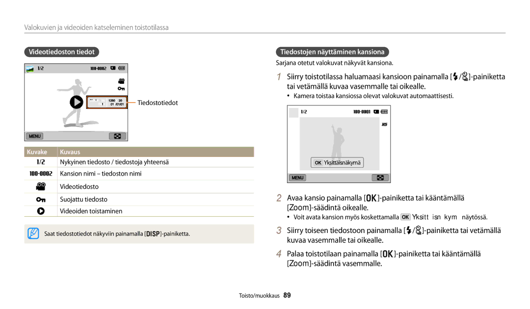 Samsung EC-WB250FBPBE2, EC-WB250FBPWE2 manual Videotiedoston tiedot, Tiedostojen näyttäminen kansiona, Tiedostotiedot 