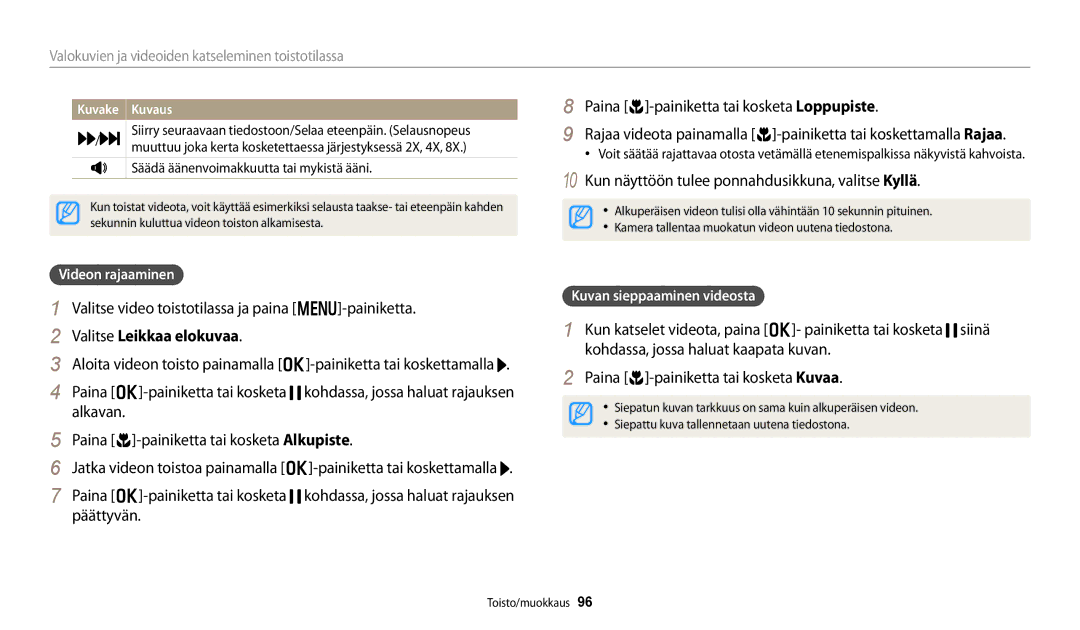 Samsung EC-WB252FBDWE2 Valitse video toistotilassa ja paina m-painiketta, Valitse Leikkaa elokuvaa, Videon rajaaminen 