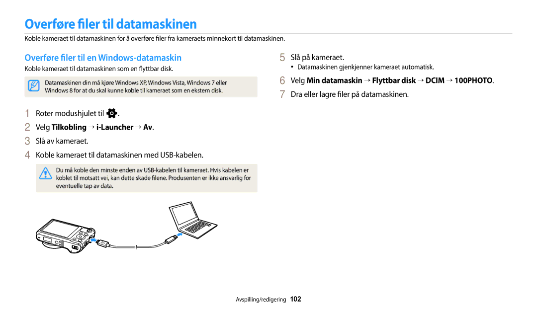 Samsung EC-WB250FFPAE2, EC-WB250FBPBE2 manual Overføre filer til datamaskinen, Overføre filer til en Windows-datamaskin 