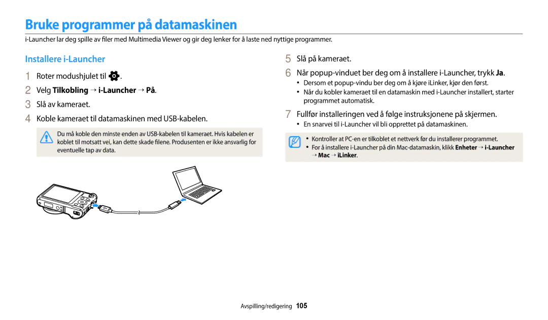 Samsung EC-WB252FBDWE2 manual Bruke programmer på datamaskinen, Installere i-Launcher, Velg Tilkobling “ i-Launcher “ På 