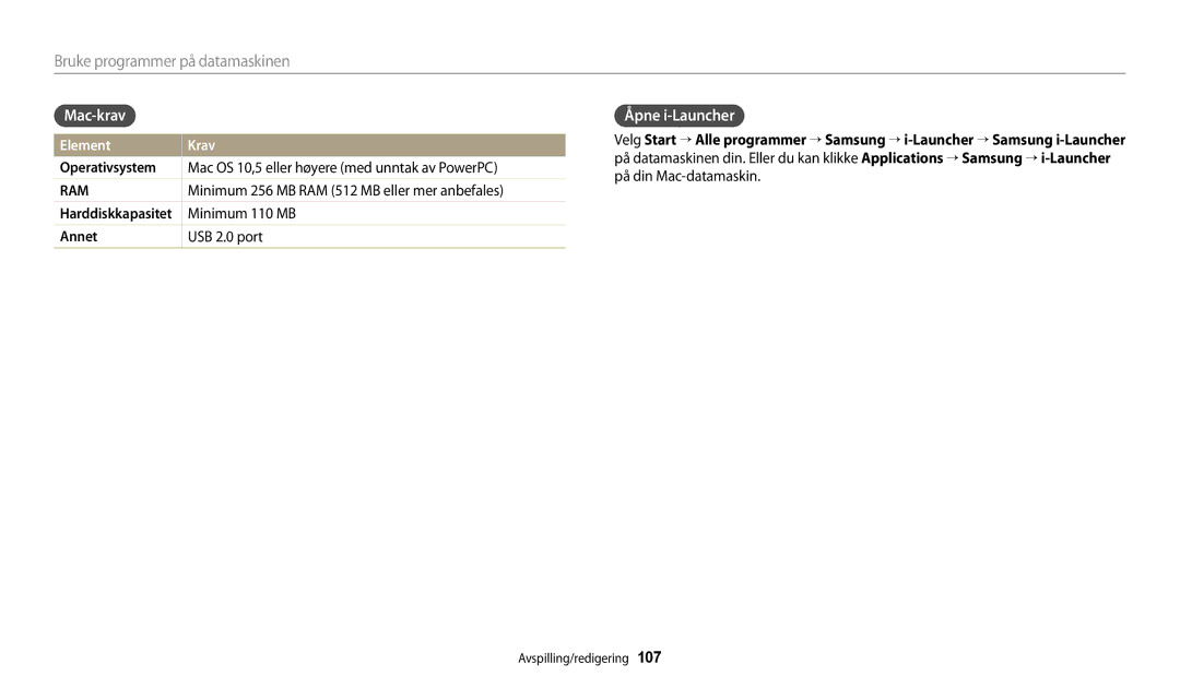 Samsung EC-WB250FBPBE2, EC-WB250FBPWE2, EC-WB252FFDWE2, EC-WB250FFPWE2, EC-WB250FFPAE2 manual Mac-krav, Åpne i-Launcher 