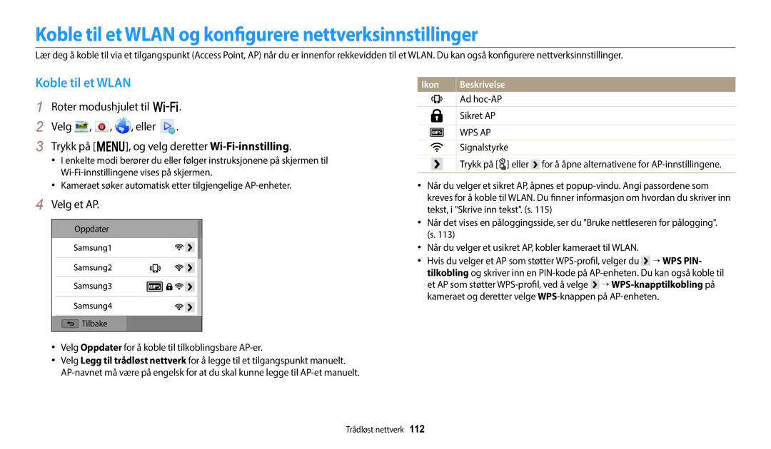 Samsung EC-WB250FFPBE2, EC-WB250FBPBE2, EC-WB250FBPWE2 Koble til et Wlan og konfigurere nettverksinnstillinger, Velg et AP 