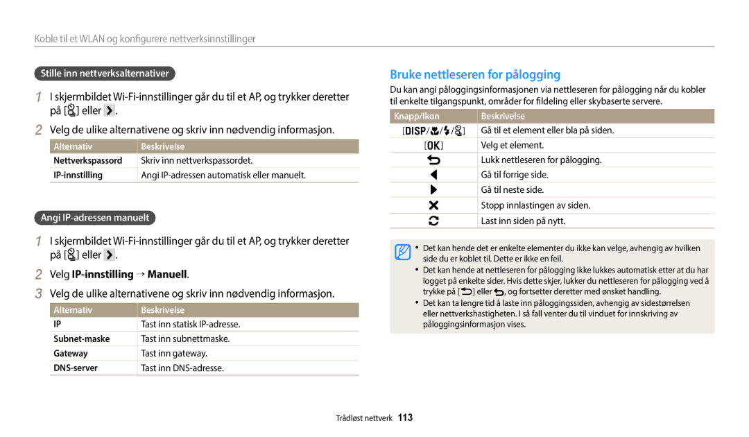 Samsung EC-WB252FBDBE2, EC-WB250FBPBE2 manual Bruke nettleseren for pålogging, På t eller, Velg IP-innstilling “ Manuell 