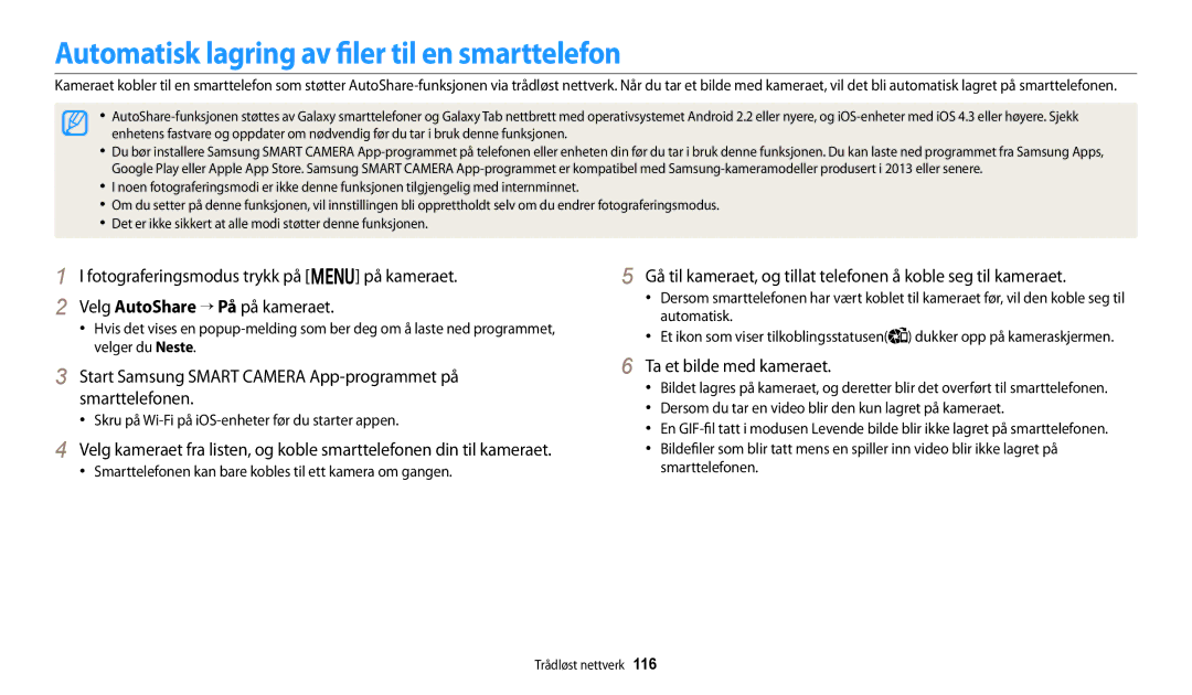 Samsung EC-WB250FBPBE2, EC-WB250FBPWE2 manual Automatisk lagring av filer til en smarttelefon, Ta et bilde med kameraet 