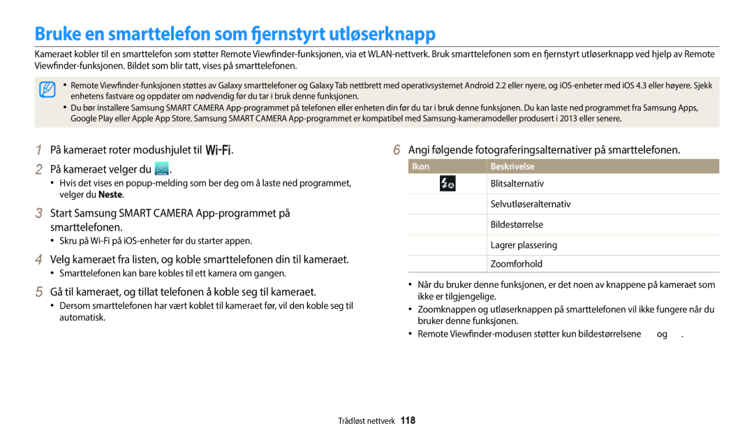 Samsung EC-WB252FFDWE2, EC-WB250FBPBE2, EC-WB250FBPWE2, EC-WB250FFPWE2 Bruke en smarttelefon som fjernstyrt utløserknapp 