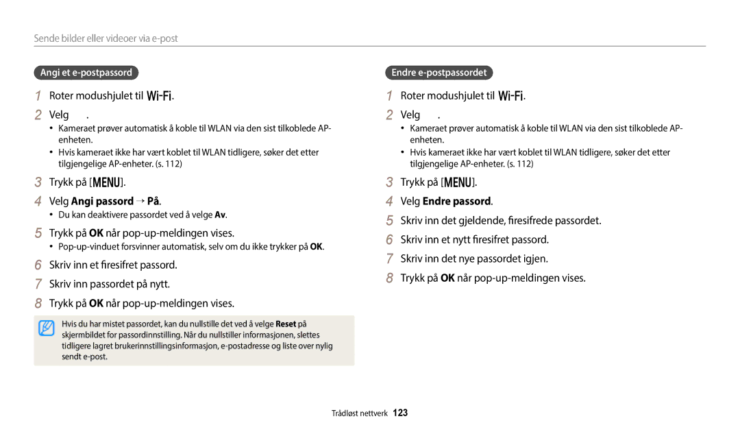 Samsung EC-WB252FBDWE2, EC-WB250FBPBE2 Velg Angi passord “ På, Trykk på OK når pop-up-meldingen vises, Velg Endre passord 