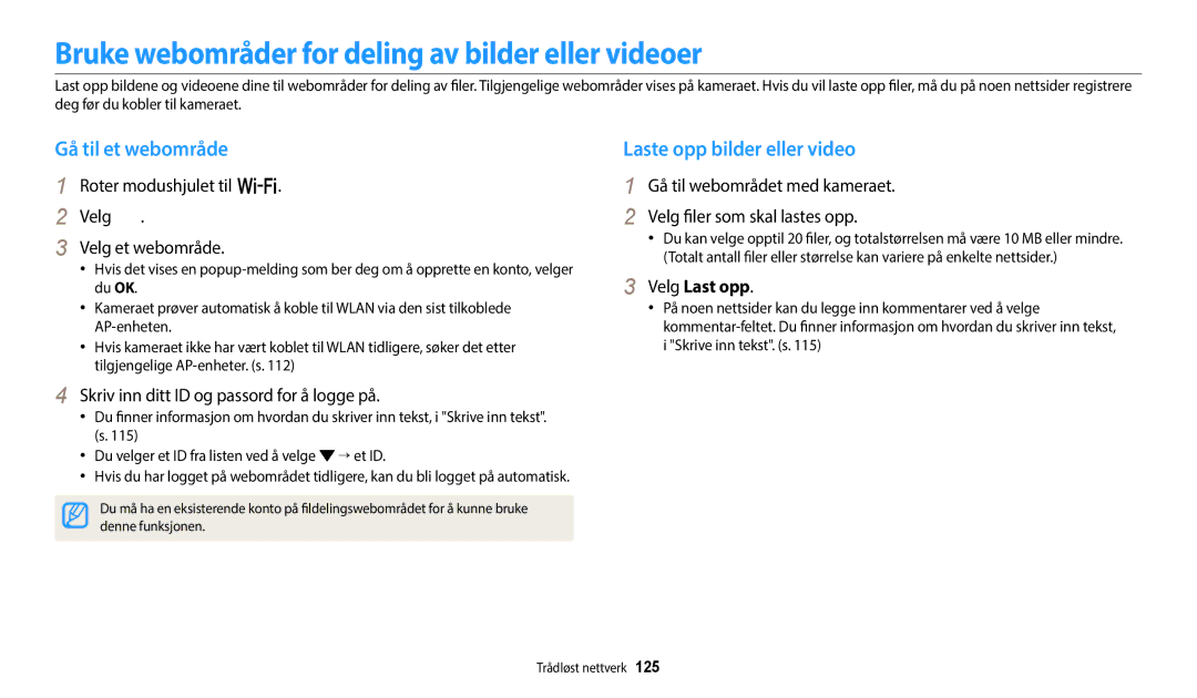 Samsung EC-WB250FBPBE2 manual Bruke webområder for deling av bilder eller videoer, Gå til et webområde, Velg Last opp 