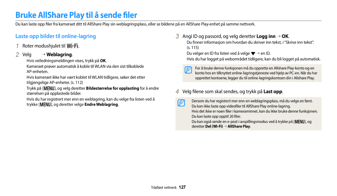 Samsung EC-WB252FFDWE2 manual Bruke AllShare Play til å sende filer, Laste opp bilder til online-lagring, Velg “ Weblagring 