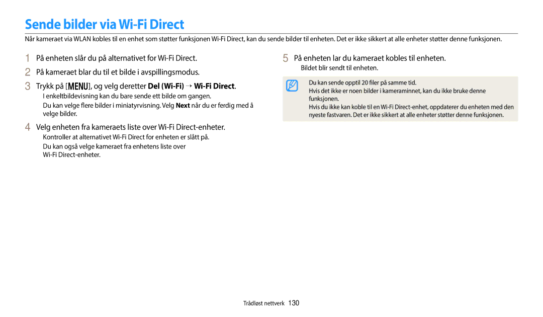 Samsung EC-WB250FFPBE2 manual Sende bilder via Wi-Fi Direct, Velg enheten fra kameraets liste over Wi-Fi Direct-enheter 