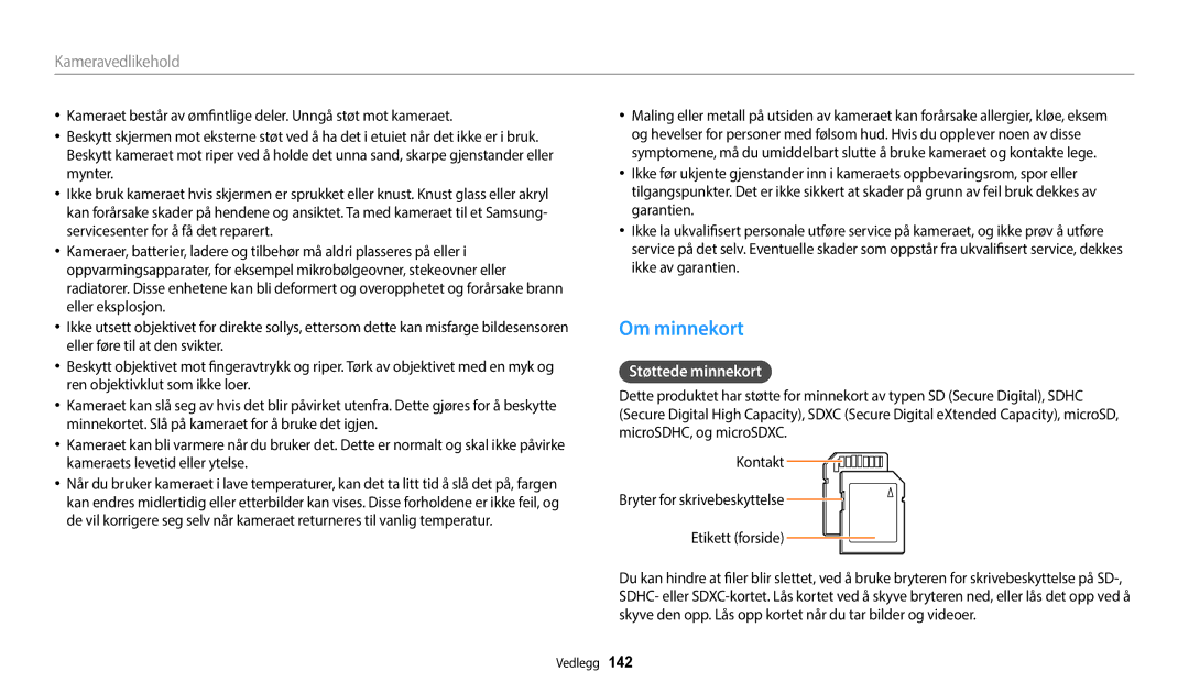 Samsung EC-WB250FBPAE2, EC-WB250FBPBE2, EC-WB250FBPWE2, EC-WB252FFDWE2, EC-WB250FFPWE2 manual Om minnekort, Støttede minnekort 