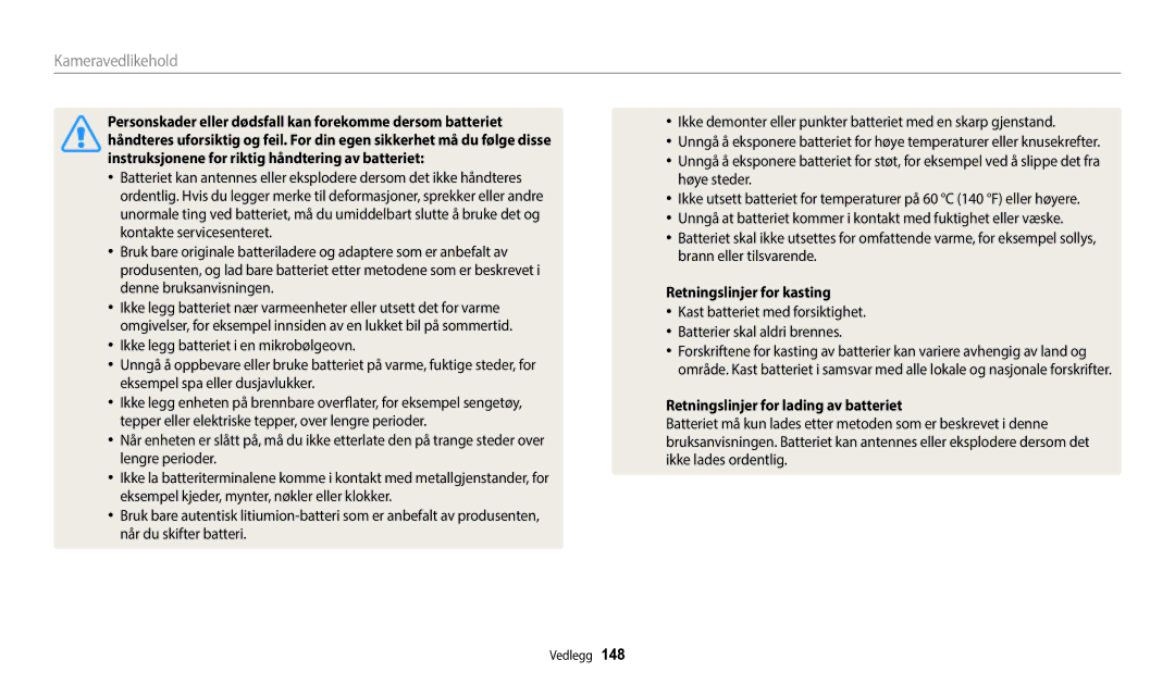Samsung EC-WB250FFPBE2, EC-WB250FBPBE2, EC-WB250FBPWE2 Retningslinjer for kasting, Retningslinjer for lading av batteriet 