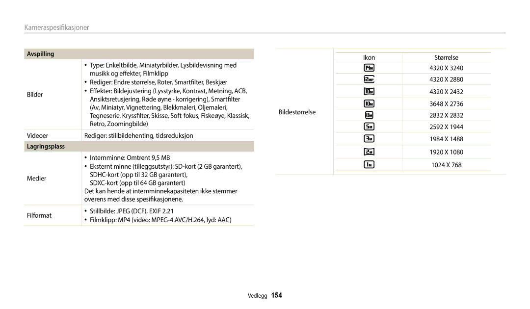 Samsung EC-WB252FFDWE2, EC-WB250FBPBE2, EC-WB250FBPWE2, EC-WB250FFPWE2, EC-WB250FFPAE2, EC-WB250FFPBE2 manual Lagringsplass 