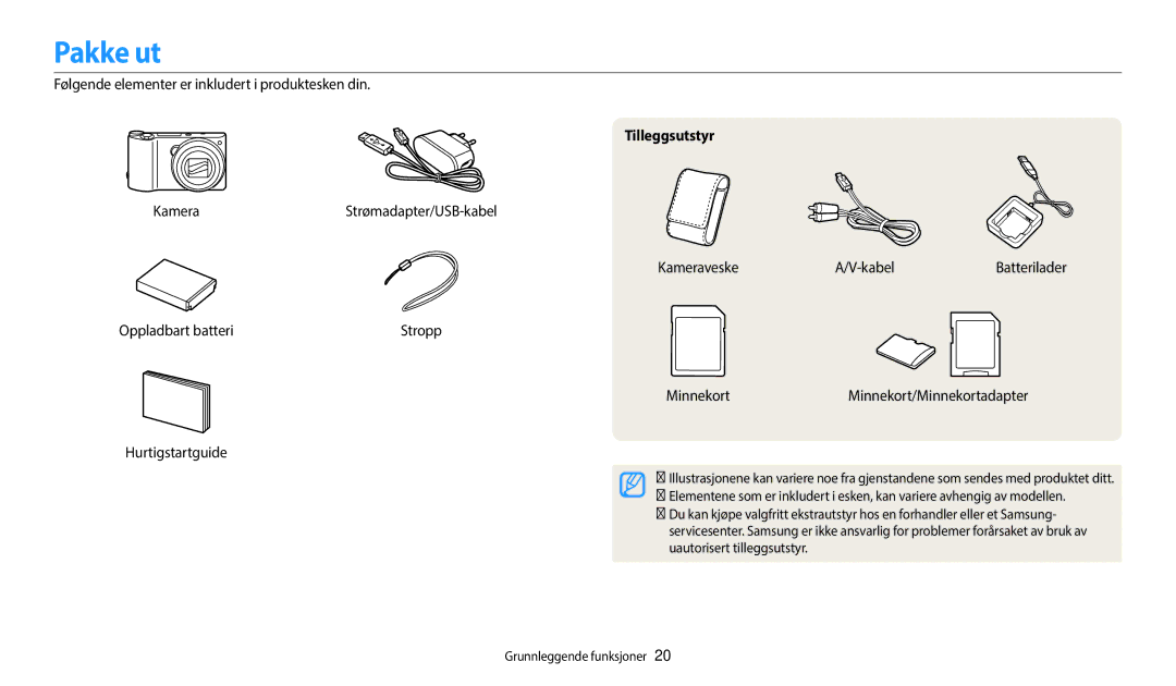 Samsung EC-WB250FFPWE2, EC-WB250FBPBE2, EC-WB250FBPWE2, EC-WB252FFDWE2, EC-WB250FFPAE2 manual Pakke ut, Tilleggsutstyr 