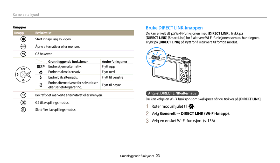 Samsung EC-WB252FBDBE2 manual Bruke Direct LINK-knappen, Roter modushjulet til n, Velg Generelt “ Direct Link Wi-Fi-knapp 