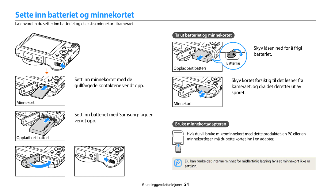 Samsung EC-WB252FBDWE2 Sette inn batteriet og minnekortet, Skyv låsen ned for å frigi batteriet, Bruke minnekortadapteren 