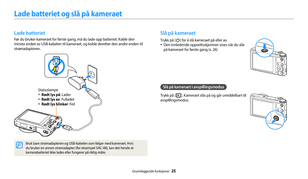 Samsung EC-WB250FBPAE2, EC-WB250FBPBE2 manual Lade batteriet og slå på kameraet, Slå på kameraet i avspillingsmodus 