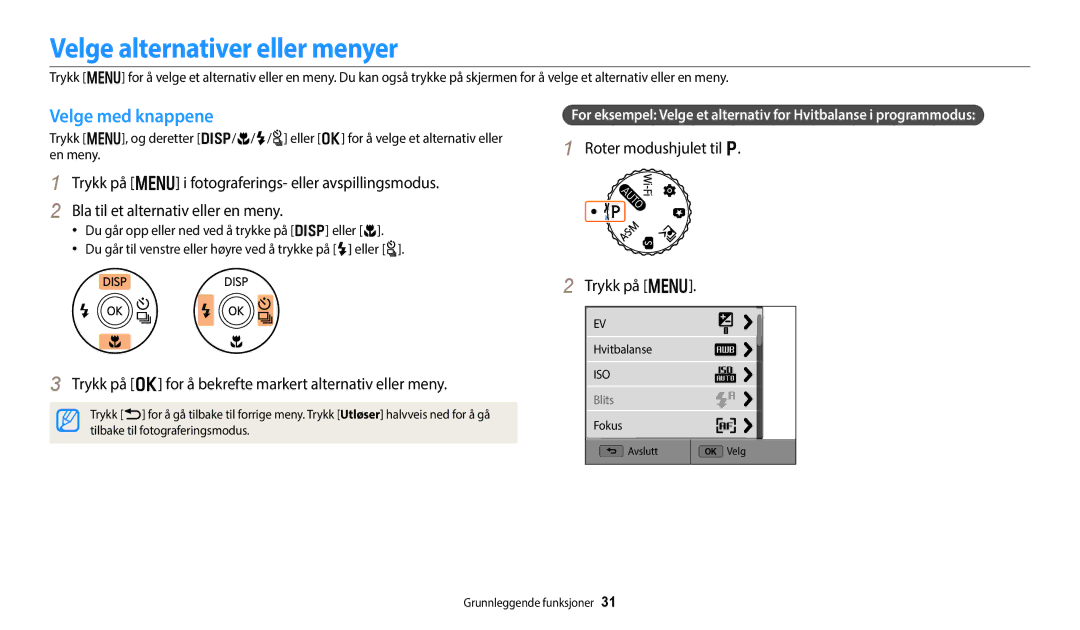 Samsung EC-WB250FFPBE2, EC-WB250FBPBE2, EC-WB250FBPWE2 manual Velge alternativer eller menyer, Velge med knappene, Trykk på m 