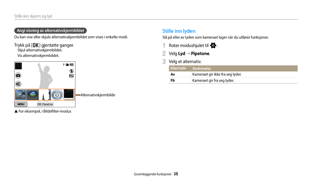 Samsung EC-WB250FBPBE2 manual Stille inn lyden, Trykk på o gjentatte ganger, Velg Lyd “ Pipetone, Velg et alternativ 