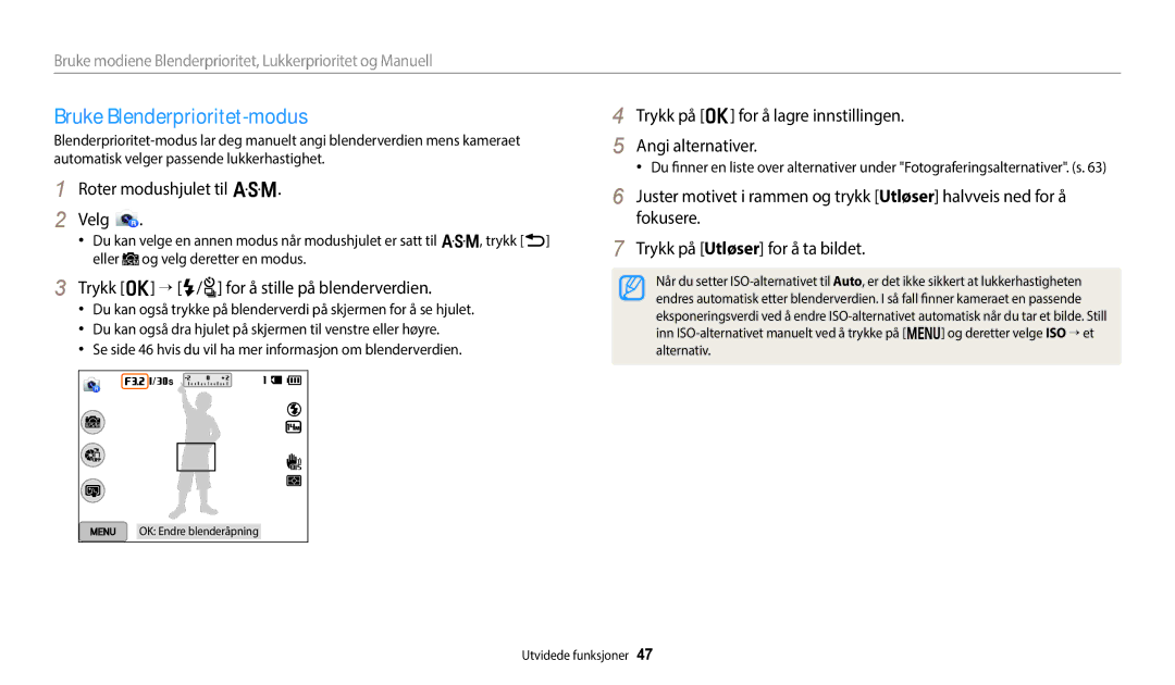 Samsung EC-WB250FFPWE2, EC-WB250FBPBE2, EC-WB250FBPWE2 manual Bruke Blenderprioritet-modus, Roter modushjulet til G Velg 