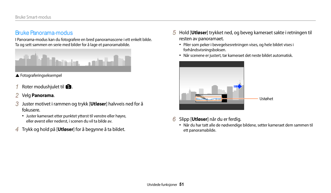 Samsung EC-WB252FBDWE2 manual Bruke Panorama-modus, Roter modushjulet til s, Velg Panorama, Slipp Utløser når du er ferdig 