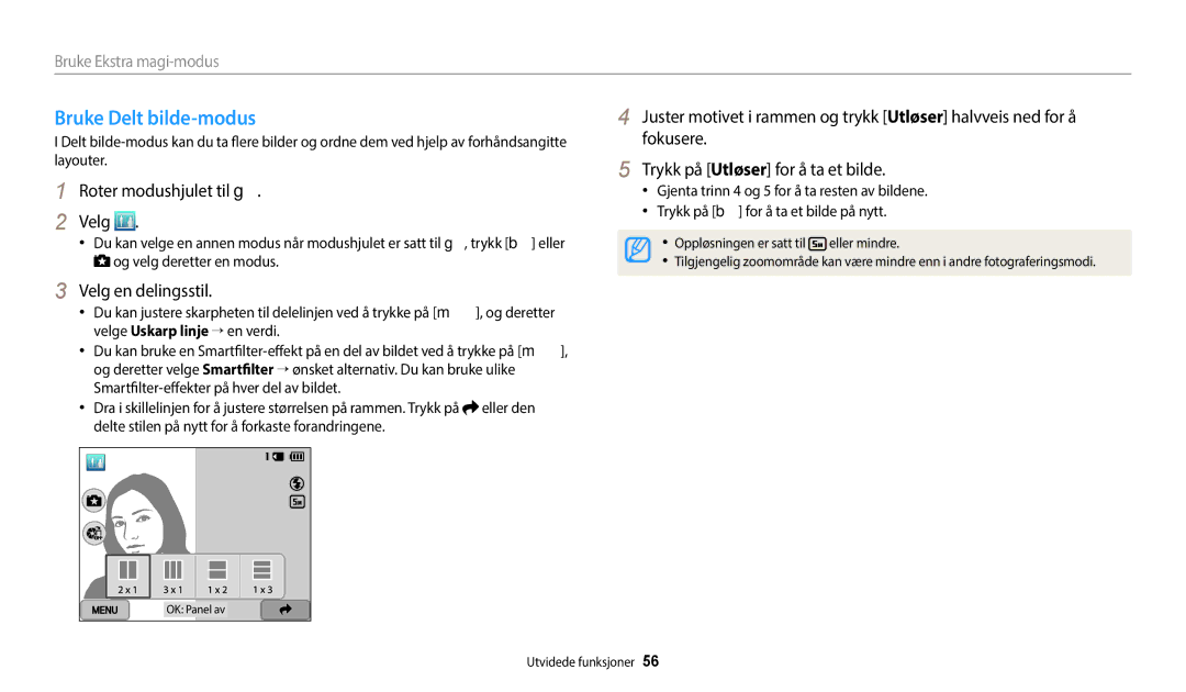 Samsung EC-WB250FFPWE2, EC-WB250FBPBE2, EC-WB250FBPWE2, EC-WB252FFDWE2 manual Bruke Delt bilde-modus, Velg en delingsstil 