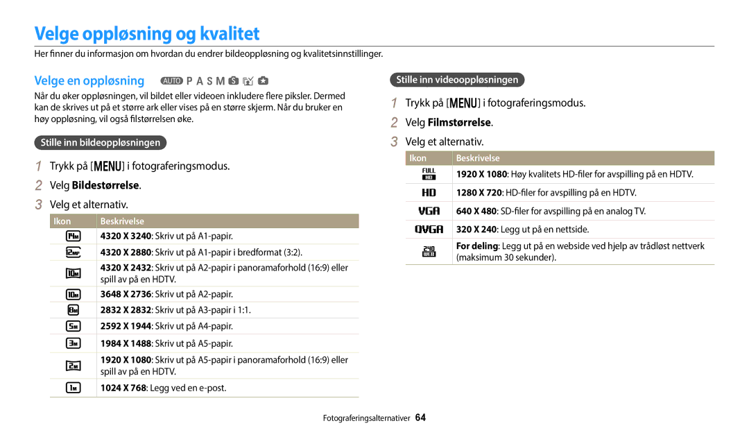 Samsung EC-WB252FFDWE2 Velge oppløsning og kvalitet, Velge en oppløsning T p a h M s i g, Trykk på m i fotograferingsmodus 