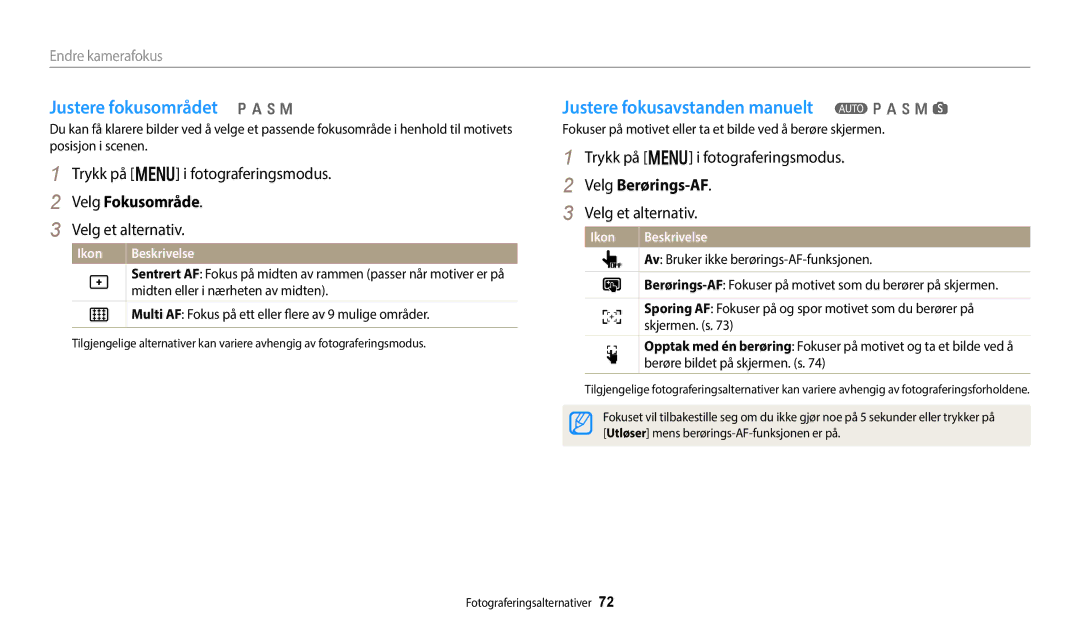 Samsung EC-WB250FBPWE2 manual Justere fokusområdet p a h M, Justere fokusavstanden manuelt T p a h M s, Velg Fokusområde 