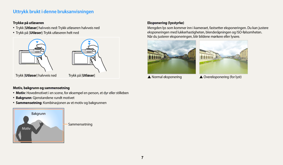 Samsung EC-WB250FBPAE2 manual Uttrykk brukt i denne bruksanvisningen, Trykke på utløseren, Motiv, bakgrunn og sammensetning 