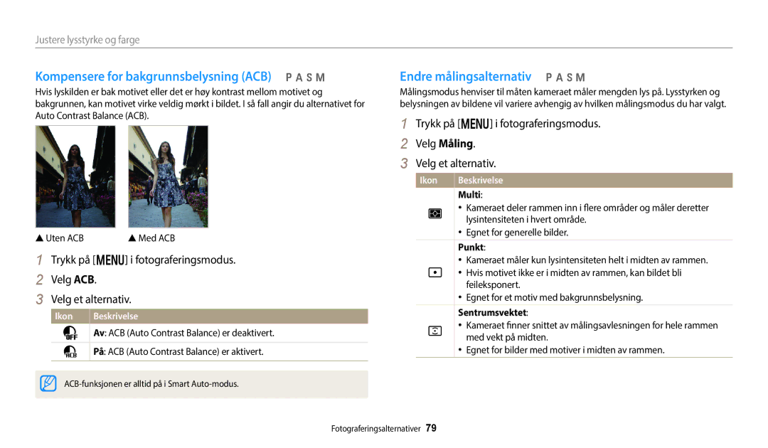 Samsung EC-WB250FBPAE2 manual Kompensere for bakgrunnsbelysning ACB p a h M, Endre målingsalternativ p a h M, Multi, Punkt 