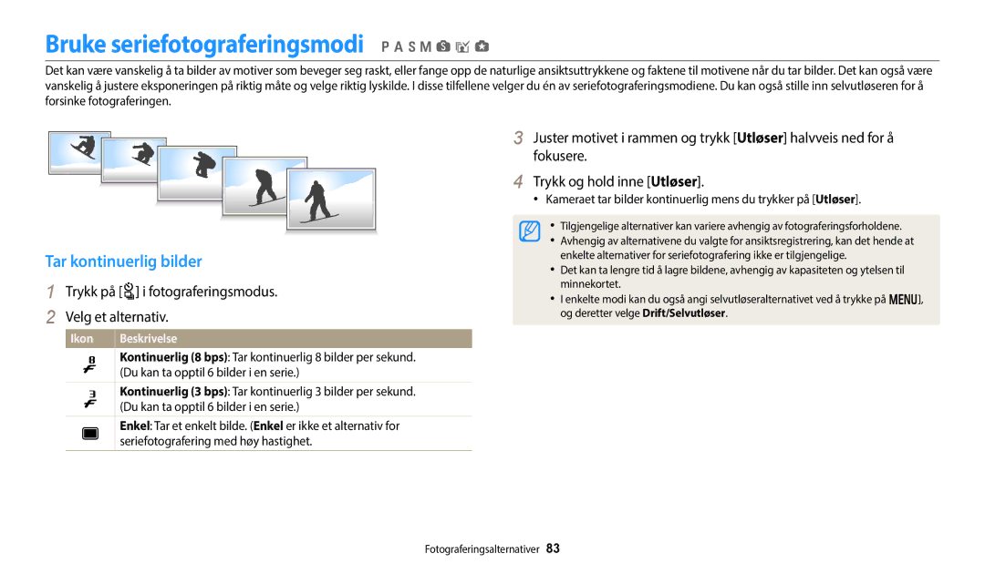 Samsung EC-WB250FFPWE2, EC-WB250FBPBE2, EC-WB250FBPWE2 Bruke seriefotograferingsmodi p a h M s i g, Tar kontinuerlig bilder 