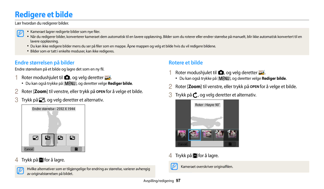 Samsung EC-WB250FBPAE2 manual Redigere et bilde, Endre størrelsen på bilder, Rotere et bilde, Trykk på for å lagre 