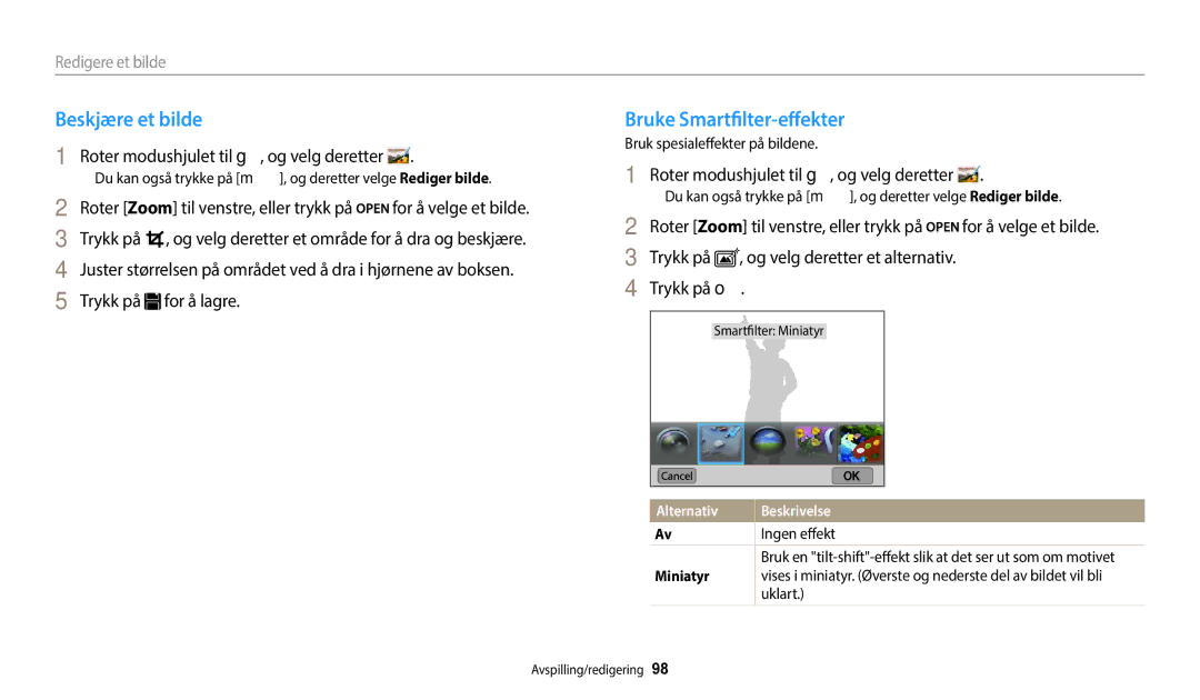 Samsung EC-WB250FBPBE2 manual Beskjære et bilde, Bruke Smartfilter-effekter, Bruk spesialeffekter på bildene, Ingen effekt 