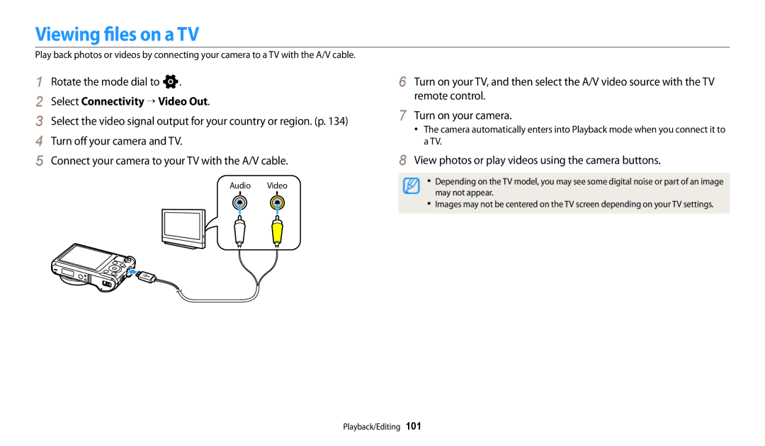 Samsung EC-WB250FBPAE3, EC-WB250FBPBFR, EC-WB250FFPBFR manual Viewing files on a TV, Select Connectivity “ Video Out 