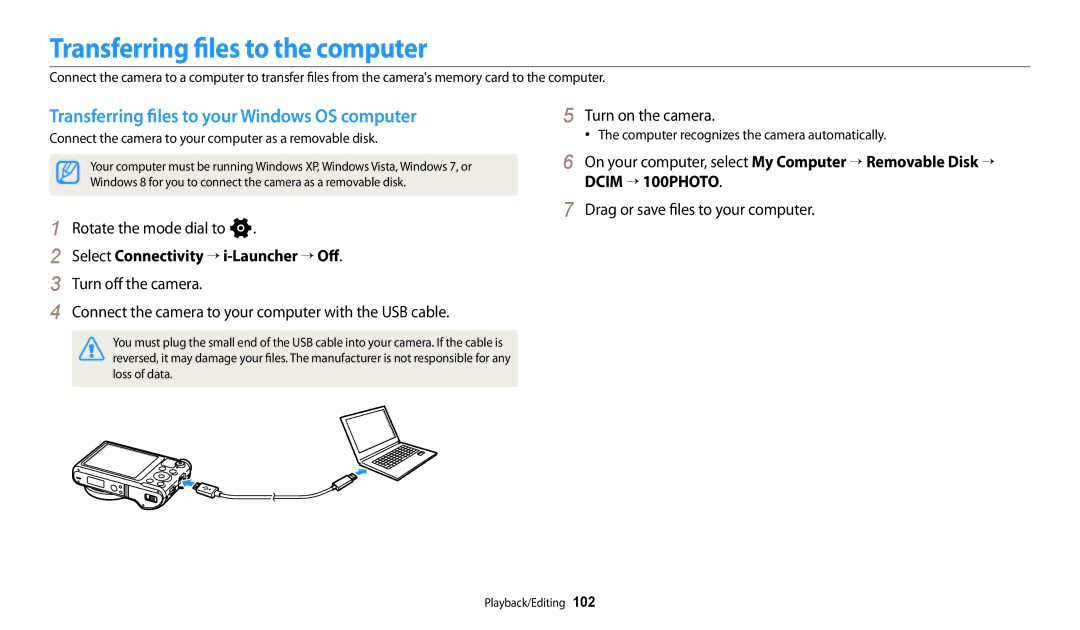 Samsung EC-WB250FBPRE3, EC-WB250FBPBFR Transferring files to the computer, Transferring files to your Windows OS computer 