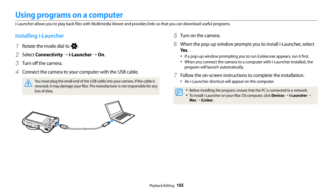 Samsung EC-WB252FBDBE3 manual Using programs on a computer, Installing i-Launcher, Select Connectivity “ i-Launcher “ On 