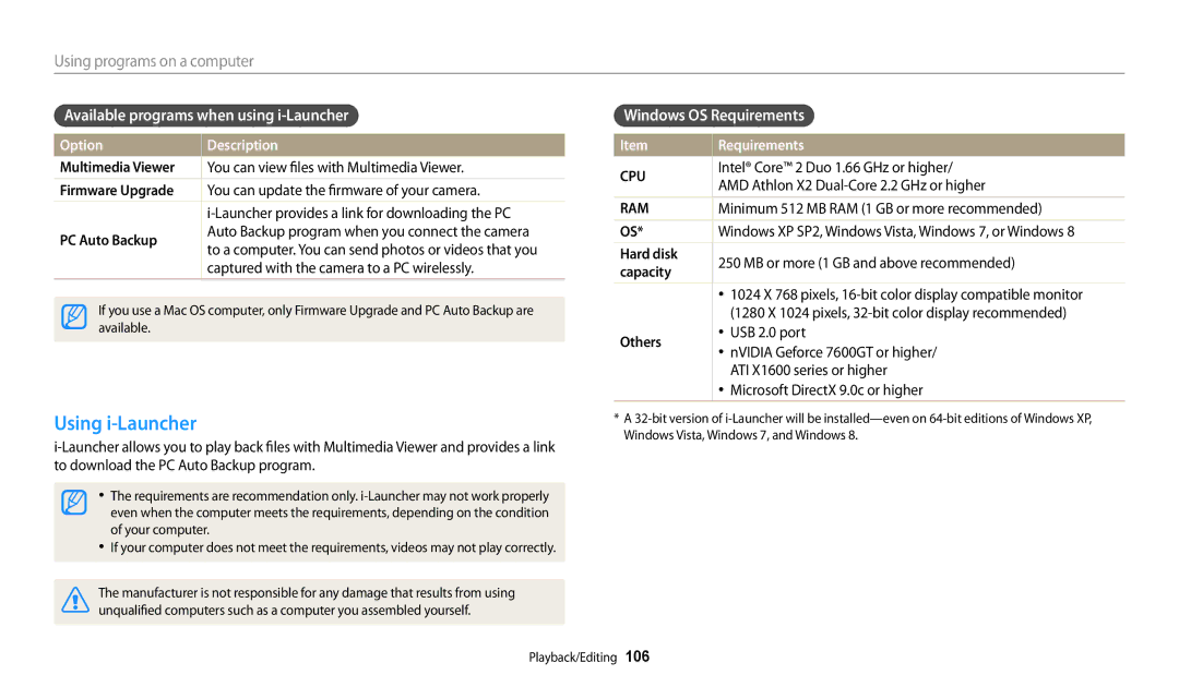 Samsung EC-WB250FBPBE2, EC-WB250FBPBFR Using i-Launcher, Available programs when using i-Launcher, Windows OS Requirements 