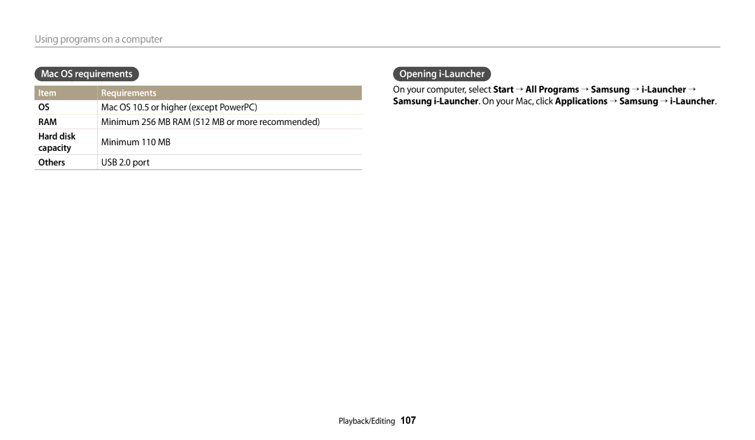 Samsung EC-WB250FBPWE2, EC-WB250FBPBFR manual Mac OS requirements, Opening i-Launcher, Mac OS 10.5 or higher except PowerPC 