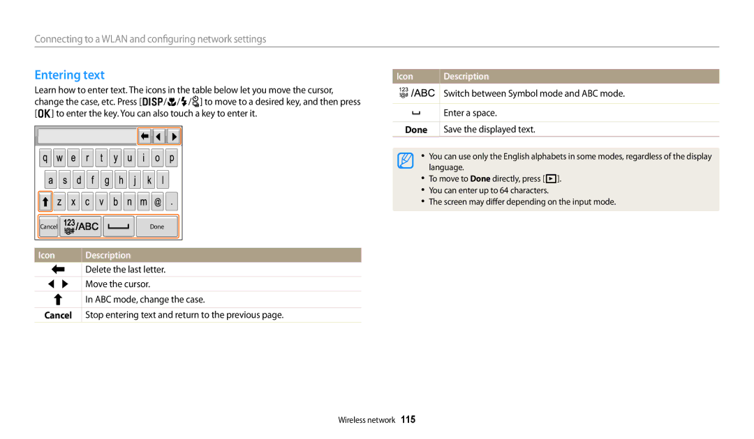 Samsung EC-WB250FBPRE2, EC-WB250FBPBFR, EC-WB250FFPBFR, EC-WB252FBDBFR, EC-WB250FBPWFR manual Entering text, Icon Description 