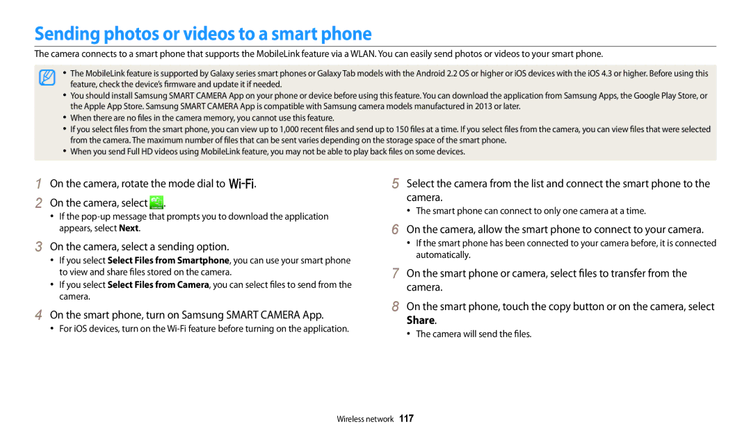 Samsung EC-WB252FFDBE3, EC-WB250FBPBFR Sending photos or videos to a smart phone, On the camera, select a sending option 