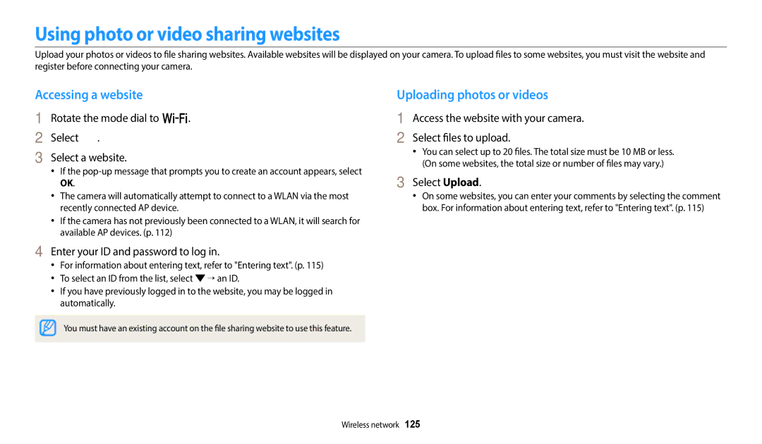 Samsung EC-WB250FBPBRU manual Using photo or video sharing websites, Accessing a website, Uploading photos or videos 